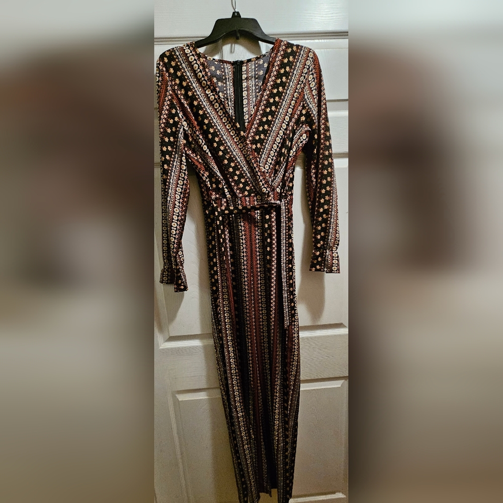 Floral Long Sleeve Dress - Black and Brown